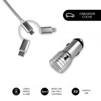 SUBBLIM Cargador Coche 2xUSB Dual Car Charger Alum 2.4A + Cable 3 in 1 Silver - imagen 1
