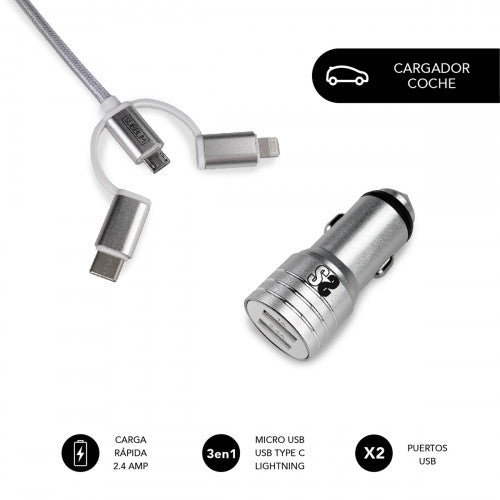SUBBLIM Cargador Coche 2xUSB Dual Car Charger Alum 2.4A + Cable 3 in 1 Silver - imagen 1