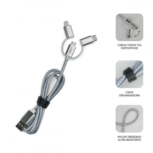 SUBBLIM Cargador Coche 2xUSB Dual Car Charger Alum 2.4A + Cable 3 in 1 Silver - imagen 2