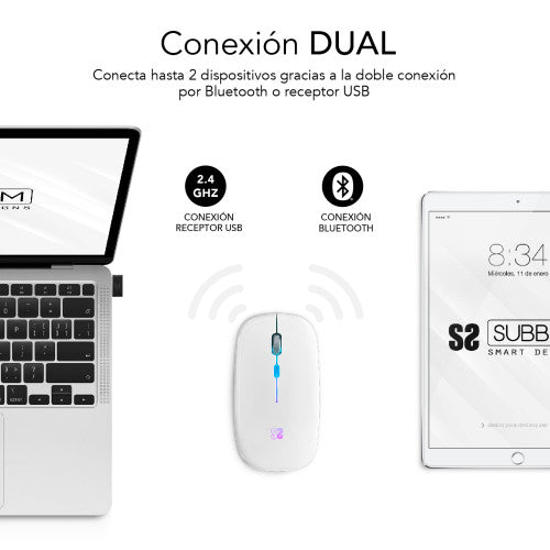 Subblim RATÓN ÓPTICO INALÁMBRICO 2.4G Y BT RGB LED DUAL FLAT MOUSE WHITE - imagen 2