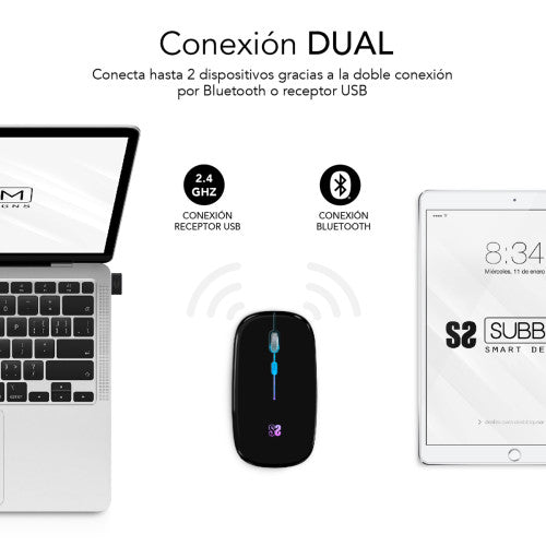 Subblim RATÓN ÓPTICO INALÁMBRICO 2.4G Y BT RGB LED DUAL FLAT MOUSE BLACK - imagen 2