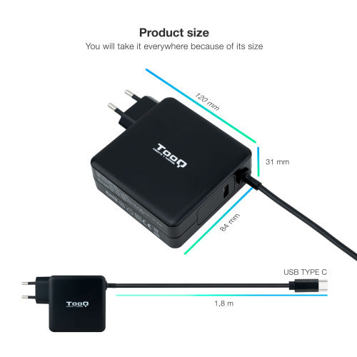 TOOQ CARGADOR PORTÁTIL USB-C PD3.0 90W, NEGRO - imagen 2