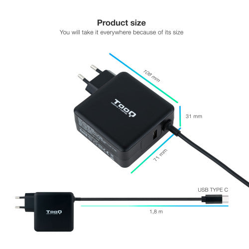 TOOQ CARGADOR PORTÁTIL USB-C PD3.0 65W, NEGRO - imagen 2