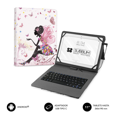 Subblim FUNDA CON TECLADO MICRO USB – TYPE C KEYTAB USB 11" HADAS - imagen 1