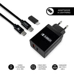 SUBBLIM CARGADOR ULTRA RAPIDO 2xUSB DE PARED PD25W+QC3.0+Cable C to C y lightning Negro - imagen 1