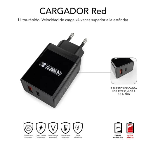 SUBBLIM CARGADOR ULTRA RAPIDO 2xUSB DE PARED PD25W+QC3.0+Cable C to C y lightning Negro - imagen 3