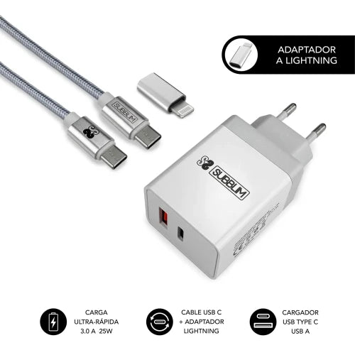SUBBLIM CARGADOR ULTRA RAPIDO 2xUSB DE PARED PD25W+QC3.0+Cable C to C y lightning Blanco - imagen 1