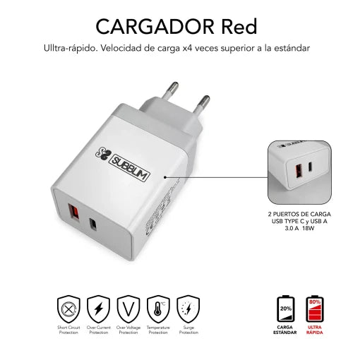 SUBBLIM CARGADOR ULTRA RAPIDO 2xUSB DE PARED PD25W+QC3.0+Cable C to C y lightning Blanco - imagen 3