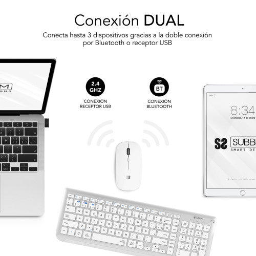 SUBBLIM Teclado con Ratón Bluetooth + 2.4G Combo Dual Prestige Extendido Plata/Blanco - imagen 3