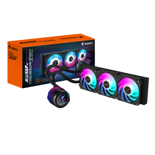 GIGABYTE Refrigeración líquida para CPU AORUS WATERFORCE X II 360 AIO - 3 ventiladores ARGB de 120 mm, pantalla LCD a todo color, mecanismo de interbloqueo magnético, DAISY-CHAIN, compatible con Intel LGA 1700 y AMD AM5, garantía de 6 años - imagen 1