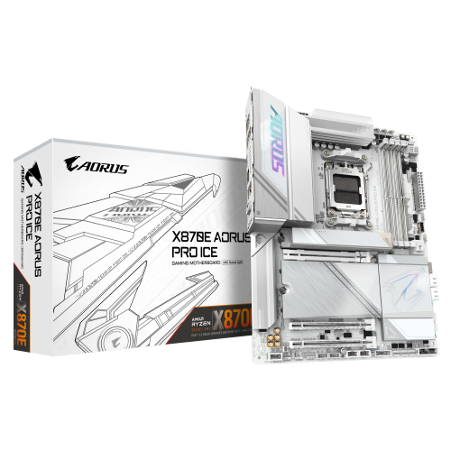 GIGABYTE Placa base X870E AORUS PRO ICE - Compatible con CPUs AMD Ryzen 9000, VRM digital de 16+2+2 fases, hasta 8000MHz DDR5 (OC), 4xM.2 + 4xPCIe 5.0, Wi-Fi 7, LAN 2.5GbE, USB 3.2 Gen 2x2 - imagen 1