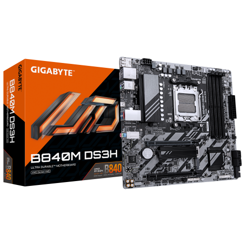 GIGABYTE B840M DS3H Placa base - Procesadores AMD Ryzen 9000, VRM de 8+2+2 fases, hasta 8200 MHz DDR5, 2xPCIe 4.0 M.2, LAN 2.5GbE, USB 3.2 Gen 1 - imagen 1