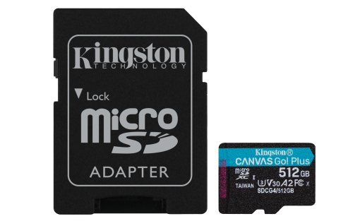 Kingston Technology Tarjeta microSDXC Canvas Go Plus Gen4 de 512 GB, 200 MB/s, A2 U3 V30 y adaptador - imagen 1