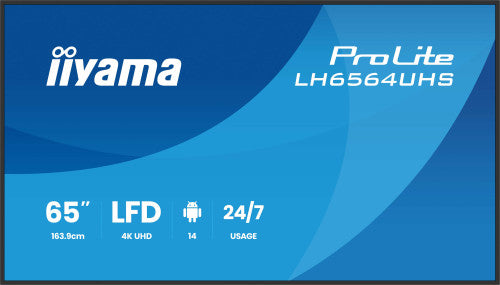 Iiyama MONITOR IIYAMA 65" 3840X2160, UHD VA DLED PANEL, HAZE 25% 500CD/M², LANDSCAPE AND PORTRAIT, SPEAKERS 2X 10W, 2X HDMIX 1X USB-C , USB 2.0 X2, WIFI, LAN, MEDIA PLAY USB PORT, CONTROL LAN / RS232C, IISIGNAGE2 (CMS/DMS), ANDROID 14 (LH654UHS-B1AG) - imagen 1