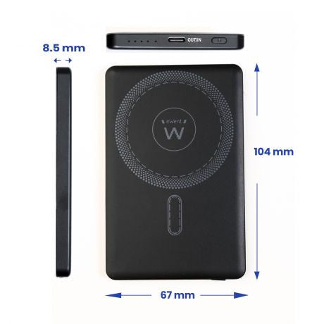 EWENT POWERBANK ULTRASLIM MAGSAFE® 5000MAH PD 20W, 1X USB-C (IN/OUT), 1X USB-A PORT, 104X67X8’55MM, 112GR, BLACK - imagen 3