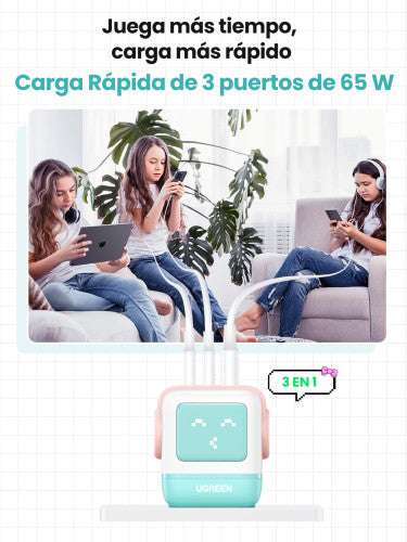 Ugreen Uno RG 65W 3-Port GaN Fast Charger pink blue Ordenador portátil, Teléfono móvil, Portátil, Tableta, Teléfono Azul Corriente alterna Carga rápida Interior - imagen 3