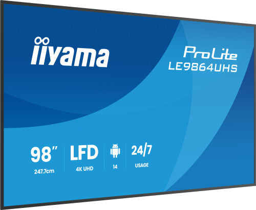 IIYAMA MONITOR 98" 3840x2160, UHD VA DLED 500cd/m, HORIZ Y VERT, MM 2x 10W, 2x HDMIx 1x USB-C, USB 2.0 x2, WiFi, LAN, Media Play USB Port, Control LAN / RS232C, Android 14 OS, 24/7 Operation, VESA Mount 700x500 - wallmount included (LH5564UHS-B1AG) - imagen 2