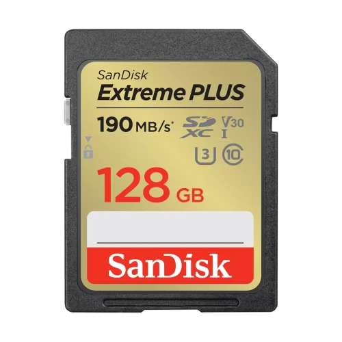 SANDISK EXTREME PLUS 128GB SDXC MEMORY CARD + 2 YEARS RESCUEPRO DELUXE UP TO 190MB/S & 90MB/S READ/WRITE SPEEDS, UHS-I, CLASS 10, U3, V30
