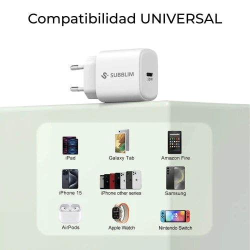 SUBBLIM Cargador USB-C GaN 20W , Power Delivery 3.0 & PPS, Enchufe Rápido para iPhone 16-12, iPad, Galaxy S24-S20, Pixel 9-6, Xiaomi, Ultraportátil, Seguro y Certificado - imagen 2