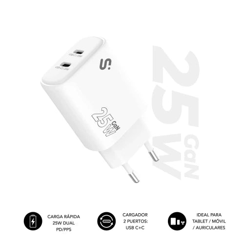 SUBBLIM CARGADOR GAN 25W CHARGER USB C+C - imagen 1