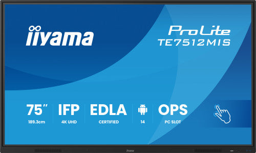 Iiyama MONITOR INTERACTIVO TACTIL IIYAMA 75" (TE7512MIS-B4AG)3840X2160 / IPS LED 4K UHD / 24/7 / 8/64GB / 400 CD/M / 8MS / 1200:1 / 1 VGA - 3 HDMI / 1 USB-C / 5XUSB / AUDIO OUT / WIFI / MM / 2 RJ45 / OPS SLOT/ ANDROID 11 - imagen 1