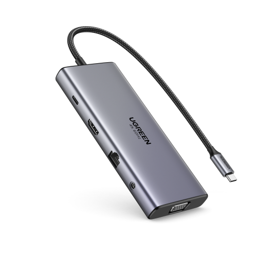 Ugreen 11-in-1 USB-C Hub to 3x USB-C/2x USB-A/HDMI/VGA/RJ45/SD/TF/3.5mm - Gray Acoplamiento Base Gris - imagen 2