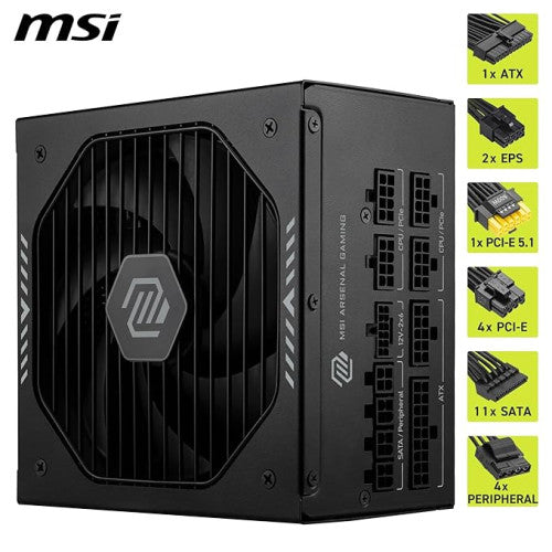 MSI FUENTE ALIMENTACION MSI MAG A1000GLS PCIE5,PSU,1000W,80 PLUS GOLD,MODULAR,135MM,ACTIVE PFC,PCI-E 5.0 (16 PIN)X1,PCI-E (6+2 PIN)X4,SATA (15 PIN)X11 - imagen 2