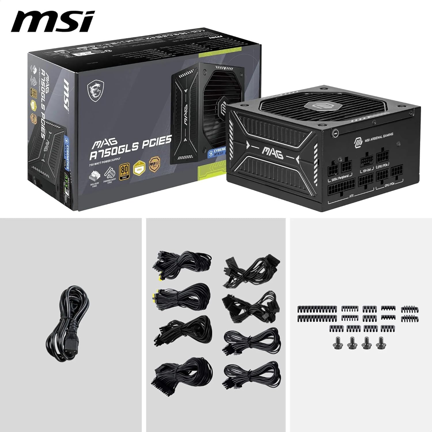 MSI FUENTE ALIMENTACION MSI MAG A750GLS PCIE5,PSU,750W,80 PLUS GOLD,MODULAR,120MM,ACTIVE PFC,PCI-E 5.0 (16 PIN)X1,PCI-E (6+2 PIN)X4,SATA (15 PIN)X5 - imagen 2