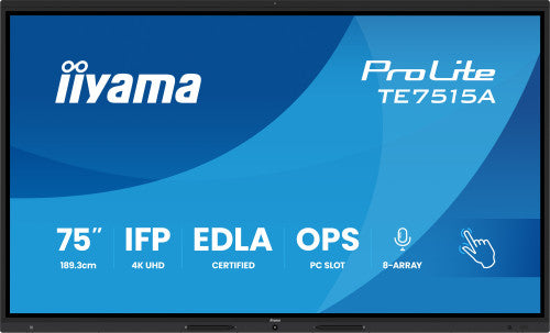 Iiyama PANTALLA INTERACTIVA 75" EDLA, ANDROID 14, 16/128GB UHD IPS, MM 2X 20W + 20W SUBWR, 2X HDMI, DP , 1X USB-C, 550CD/M, HORIZ , MEDIA PLAY USB PORTS, ANTIGLARE, LAN, RS232C, IIWARE WIFI-6/BT 5.0, OPS SLOT, VESA 400X400 (MOUNT INCLUDED) (TE7515A-B1AG) - imagen 2