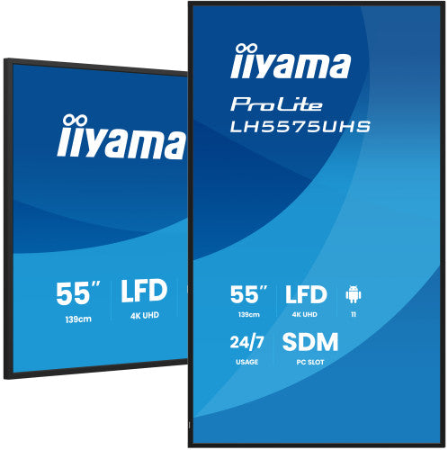 Iiyama MONITOR IIYAMA 55" 3840X2160, UHD VA, 500CD/M2, HORIZ VERT,FAILOVER,MM 2X 10W, HDMI 3X, DP, DP-OUT, USB 2.0 X2, WIFI, LAN, MEDIA PLAY USB, LAN / RS232C, IISIGNAGE2, IISHARE, IICONTROL ANDROID 11, PC-SLOT SDM-L, 24/7, VESA 400X400 (LH5575UHS-B2AG) - imagen 1