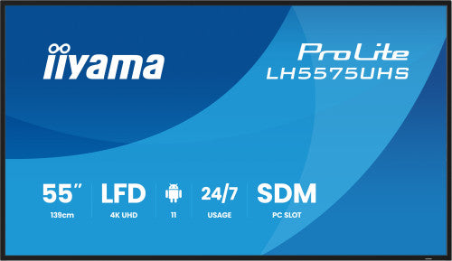 Iiyama MONITOR IIYAMA 55" 3840X2160, UHD VA, 500CD/M2, HORIZ VERT,FAILOVER,MM 2X 10W, HDMI 3X, DP, DP-OUT, USB 2.0 X2, WIFI, LAN, MEDIA PLAY USB, LAN / RS232C, IISIGNAGE2, IISHARE, IICONTROL ANDROID 11, PC-SLOT SDM-L, 24/7, VESA 400X400 (LH5575UHS-B2AG) - imagen 2