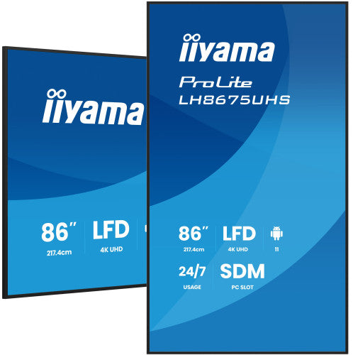 Iiyama MONITOR TACTIL IIYAMA 86" 3840X2160, UHD VA, 500CD/M2, HORIZ VERT,FAILOVER, MM 2X 10W, HDMI 3X, DP, DP-OUT, USB 2.0 X2, WIFI, LAN, MEDIA PLAY USB, LAN / RS232C, IISIGNAGE2, IISHARE, IICONTROL ANDROID 11, PC-SLOT SDM-L, 24/7, VESA 600X400 (LH8675UHS - imagen 1
