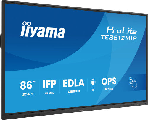 Iiyama MONITOR INTERACTIVO IIYAMA 86" EDLA, ANDROID 14, 8/128GB, 40-P,3840X2160,UHD,MM 2X 20W,VGA,HDMI 2X /1XOUT, 2X USB-C,MINI-JACK OPTICAL OUT,USB TOUCH, 400CD/M2,LANDSC MODE,MEDIA PLAY USB, AG,LAN,RS232C,IIWARE,WIFI/BT,VESA 800X600,SLOT OPC (TE8612MIS - imagen 1