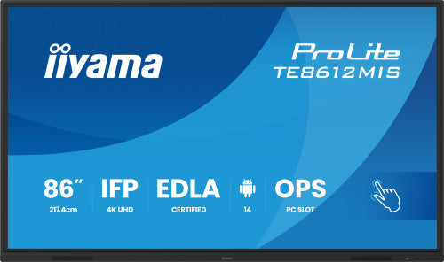 Iiyama MONITOR INTERACTIVO IIYAMA 86" EDLA, ANDROID 14, 8/128GB, 40-P,3840X2160,UHD,MM 2X 20W,VGA,HDMI 2X /1XOUT, 2X USB-C,MINI-JACK OPTICAL OUT,USB TOUCH, 400CD/M2,LANDSC MODE,MEDIA PLAY USB, AG,LAN,RS232C,IIWARE,WIFI/BT,VESA 800X600,SLOT OPC (TE8612MIS - imagen 2