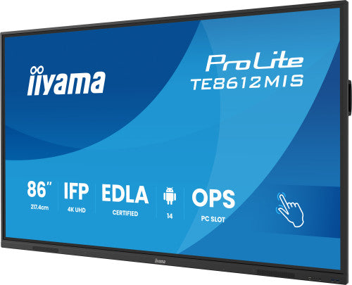 Iiyama MONITOR INTERACTIVO IIYAMA 86" EDLA, ANDROID 14, 8/128GB, 40-P,3840X2160,UHD,MM 2X 20W,VGA,HDMI 2X /1XOUT, 2X USB-C,MINI-JACK OPTICAL OUT,USB TOUCH, 400CD/M2,LANDSC MODE,MEDIA PLAY USB, AG,LAN,RS232C,IIWARE,WIFI/BT,VESA 800X600,SLOT OPC (TE8612MIS - imagen 3