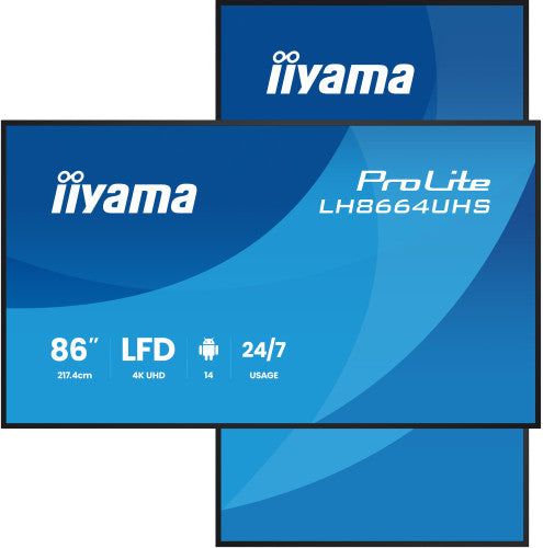 Iiyama MONITOR IIYAMA 86" 3840X2160, UHD IPS DLED 450CD/M / 8MS, LANDSCAPE-PORTRAIT / MM 2X 16W, 2X HDMI, USB C / 2X USB 2.0 / WIFI, LAN, MEDIA PLAY USB , RJ45 / RS232C, IISIGNAGE2, E-SHARE, ANDROID 14 OS / 24/7 / VESA 800X600 (LH8664UHS-B3AG) - imagen 1