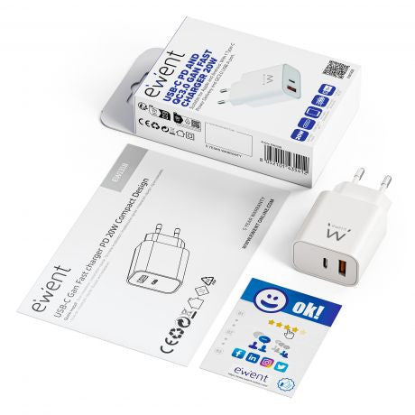 Ewent Cargador Rápido GaN de 20W USB-C PD y USB-A QC, Diseño Compacto - imagen 2