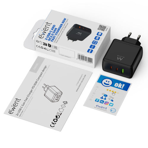 Ewent (ABM) EWENT CARGADOR GAN FAST DE 65W, 3 PUERTOS (2 USB-C PD Y 1USB-A QC) DISEÑO COMPACTO - imagen 2