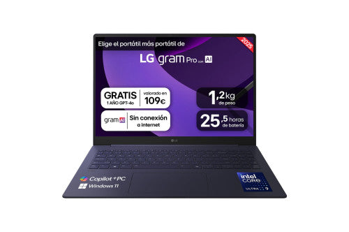 LG PORTATIL LG, 16", GRAM PRO 16Z90TS-G.AU99B, INTEL CORE ULTRA 9, 3,3 GHZ, 40,6 CM, 2560 X 1600 PIXELES, 32 GB, 1 TB