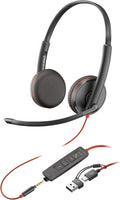 POLY HP Poly Auriculares estéreo Poly Blackwire 3225 USB-C + Conector de 3,5 mm + Adaptador USB-C/A