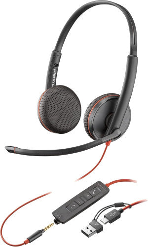POLY HP Poly Auriculares estéreo Poly Blackwire 3225 USB-C + Conector de 3,5 mm + Adaptador USB-C/A