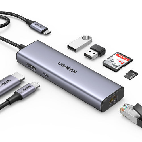 UGREEN HUB 7 EN 1, 2USB3.0, LECTORTARJETA, MICROSD, RJ45 ETHERNET GGBT1000MBPS, USB C100W - imagen 1