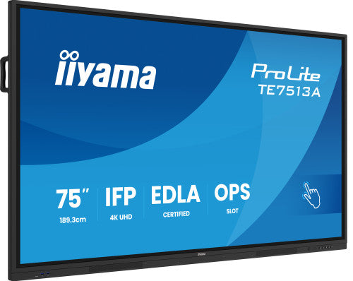 IIYAMA 75" (EDLA)/ANDROID 14,8 CORE SOC, 8/128GB, 40-PTS UHD , NFC, PIR , MM 2X20W +20W SBUW, 2XHDMI, USB-C / HDMI,DP, 2XUSB-C100W PD/MINI-JACK / OPT.OUT, 450CD/M2, L/S MODE, AG GLASS, LAN, WIFI6, BT5.0/IIWARE, PC SLOT,800X400 (WM INCL.) (TE7513A-B2 - imagen 1