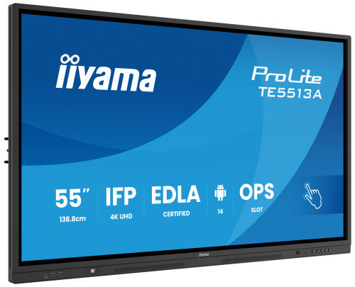 IIYAMA 55" (EDLA)/ANDROID 14,8 CORE SOC, 8/128GB, 40-PTS UHD , NFC, PIR , MM 2X20W +20W SBUW, 2XHDMI, USB-C / HDMI,DP, 2XUSB-C100W PD/MINI-JACK / OPT.OUT, 450CD/M2, L/S MODE, AG GLASS, LAN, WIFI6, BT5.0/IIWARE, PC SLOT,400X400 (WM INCL.) (TE5513A-B2 - imagen 1
