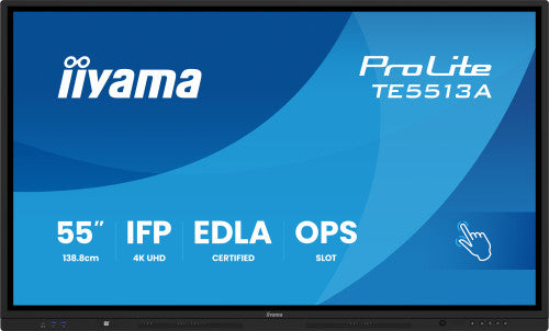 IIYAMA 55" (EDLA)/ANDROID 14,8 CORE SOC, 8/128GB, 40-PTS UHD , NFC, PIR , MM 2X20W +20W SBUW, 2XHDMI, USB-C / HDMI,DP, 2XUSB-C100W PD/MINI-JACK / OPT.OUT, 450CD/M2, L/S MODE, AG GLASS, LAN, WIFI6, BT5.0/IIWARE, PC SLOT,400X400 (WM INCL.) (TE5513A-B2 - imagen 2