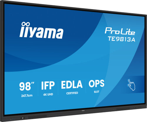 IIYAMA 98" (EDLA)/ANDROID 14,8 CORE SOC, 8/128GB, 40-PTS UHD , NFC, PIR , MM 2X20W +20W SBUW, 2XHDMI, USB-C / HDMI,DP, 2XUSB-C100W PD/MINI-JACK / OPT.OUT, 450CD/M2, L/S MODE, AG GLASS, LAN, WIFI6, BT5.0/IIWARE, PC SLOT,800X600 (WM INCL.) (TE9813A-B - imagen 1
