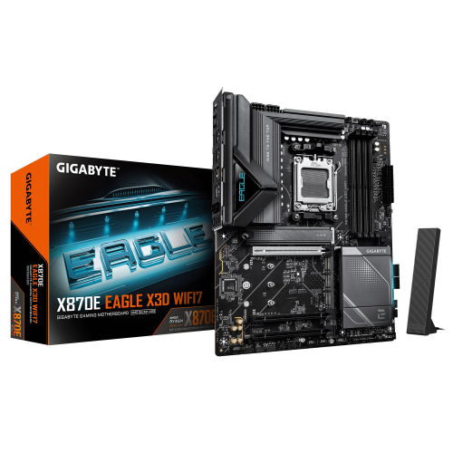 GIGABYTE X870E EAGLE X3D WIFI7 Placa Base – Compatible con CPUs AMD Ryzen 9000, VRM digital de 14+2+2 fases, hasta 9000 Hz DDR5 (OC), 1× PCIe 5.0 + 3× PCIe 4.0, Wi-Fi 7, LAN 5 GbE, USB 4 - imagen 1