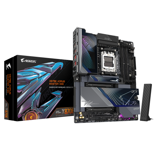 GIGABYTE X870E AORUS MASTER X3D Placa Base - Compatible con procesadores AMD Ryzen 9000, VRM digital de 18+2+2 fases, hasta 9000MHz DDR5 (O.C.), 2xPCIe 5.0 + 3xPCIe 4.0, Wi-Fi 7, LAN 10GbE, USB 4 - imagen 1