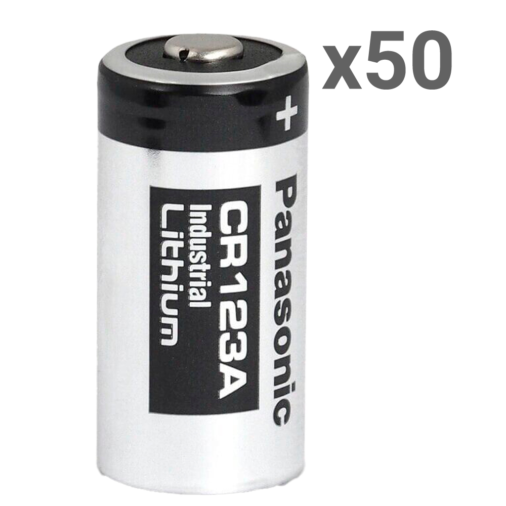 MARCA BLANCA 50XBATT-CR123A-P - Pack de 50x pilas CR123A / CR17345 / 5018LC - Panasonic - Litio Li-MnO2 no recargable - Tensión 3.0V - Capacidad nominal 1550mAh - Compatible con catálogo Ajax
