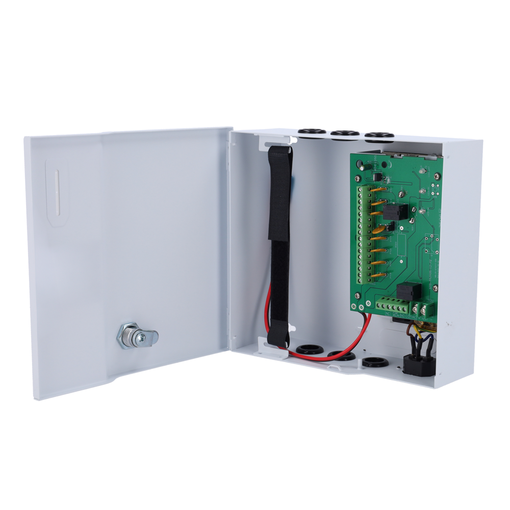 MARCA BLANCA AC-12DC5A-BAT7AH-FIRE - Alimentador para control de acceso - Configurable NO/NC | Entrada señal incendio - Salida DC 11-14V / 5A / 60W - Caja de metal con cerradura - Apto para batería auxiliar 12V / 7Ah - Montaje en superficie - imagen 1